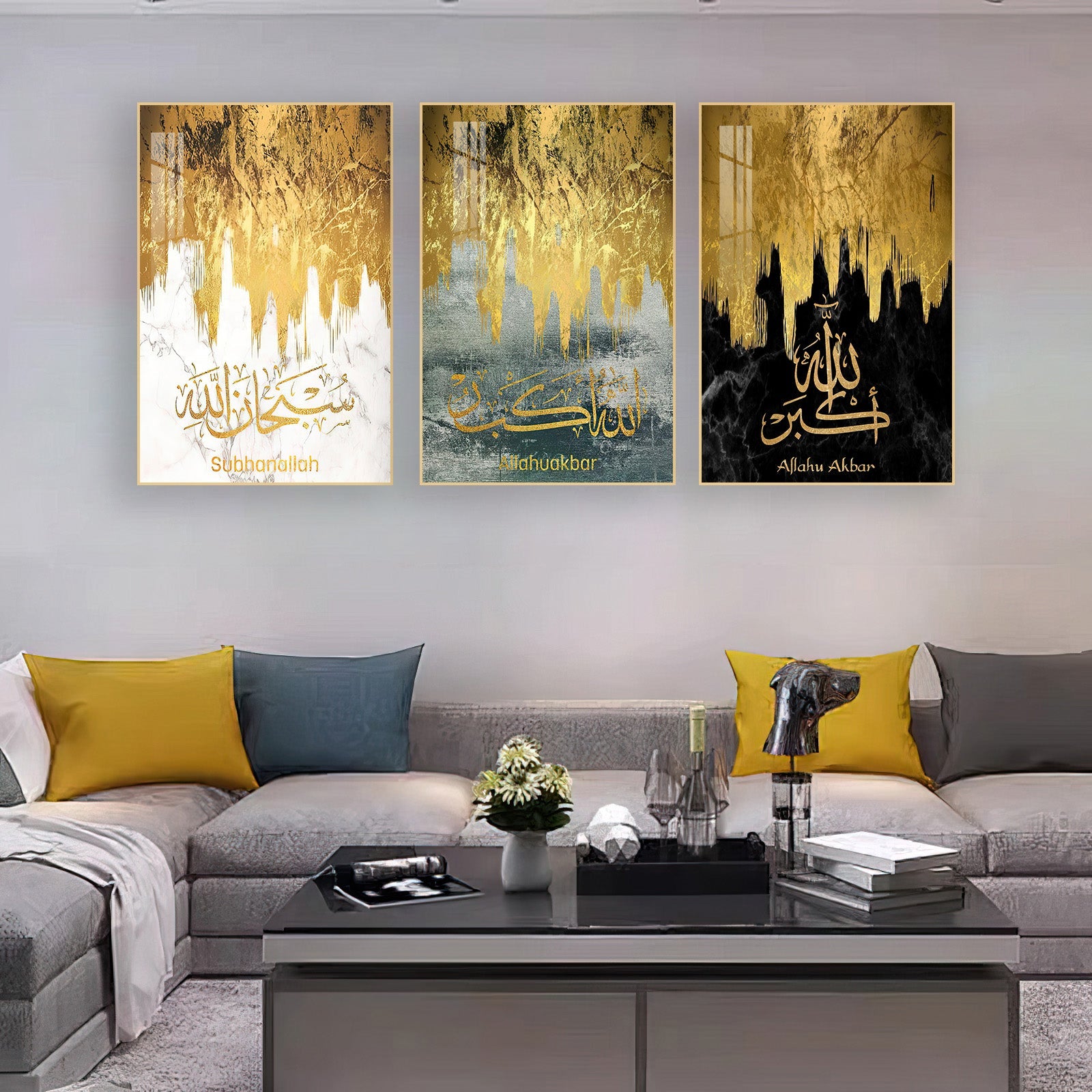 Allah Muhammad Gold & Blue Calligraphy Wall Painting (40x60 cm - Set of 3) - Bliss Vie