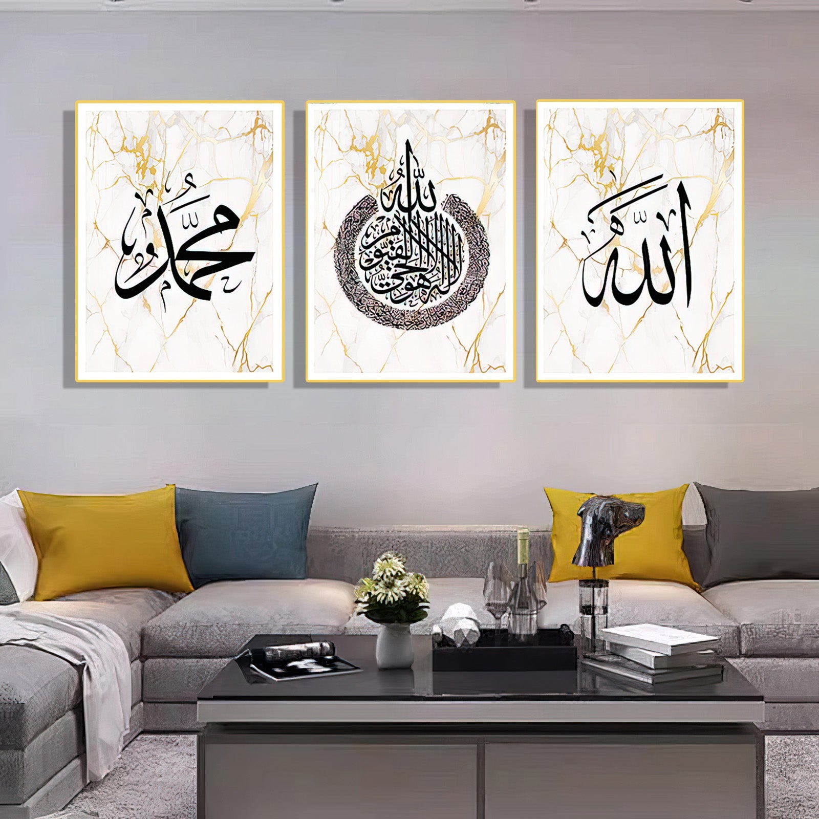 Sacred Islamic Wall Art - Set of 3 Allah Muhammad Paintings (60x90 cm) Home Decor Muslim Allah Bismillah Ayat Quran crystal porcelain Framed calligraphy verses
