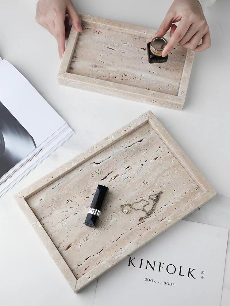 Chic Travertine Decorative Tray | Home Decor cabinet Sleek Contemporary Sophisticated Unique Elegant Decorative Trendy stylish Minimalist Artistic Luxury Designer tabletop table decor accessories tableware living room decor coffee table decor