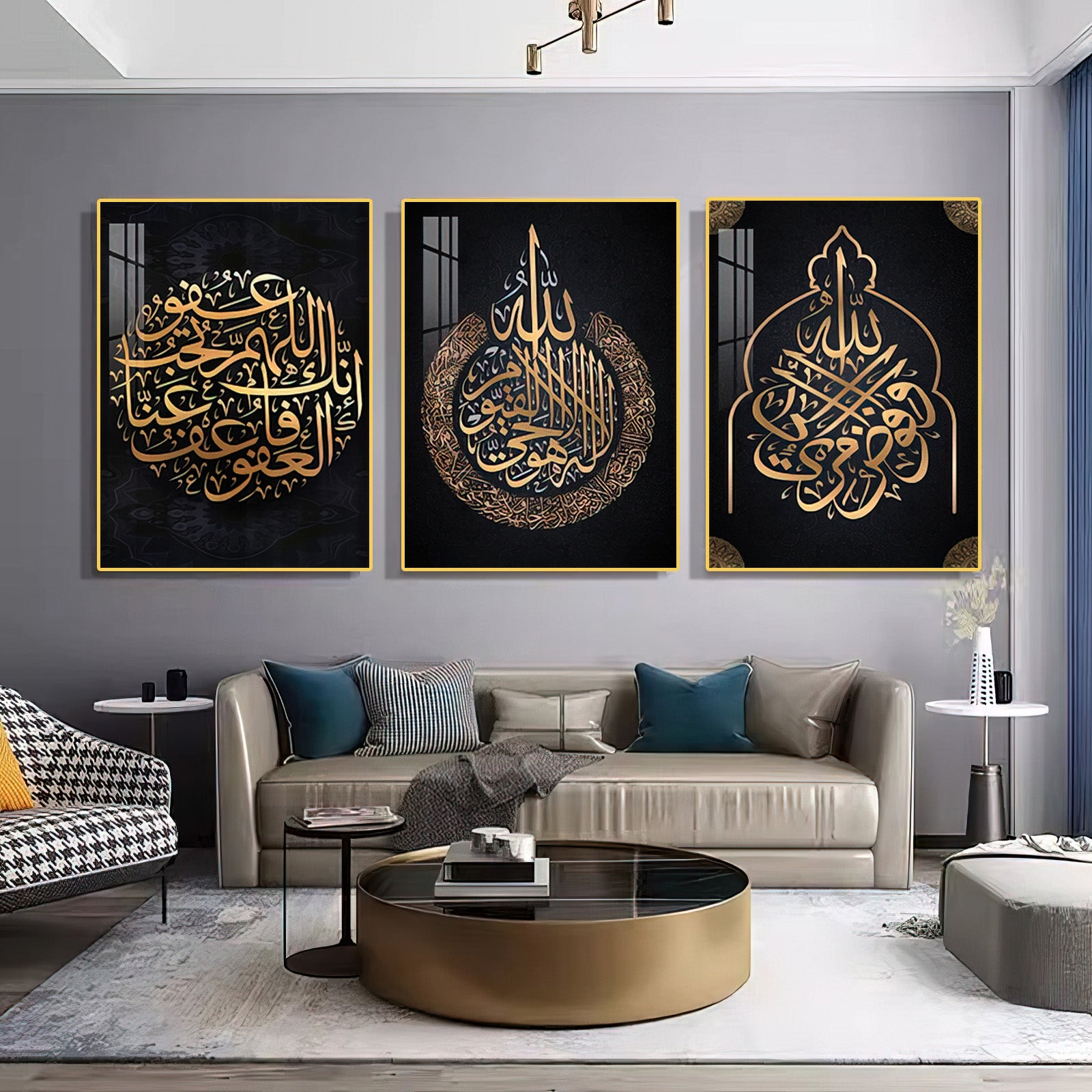 Inspirational Set of 3 Ayat Quran Wall Paintings (40x60 cm) Home Decor Muslim Allah Bismillah Ayat Quran crystal porcelain Framed calligraphy verses