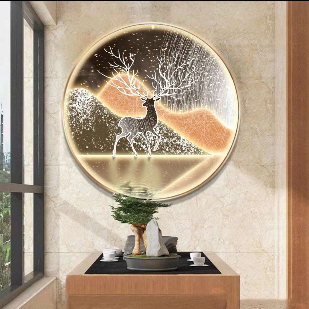 Mountain Deer Round Painting with LED - Bliss Vie