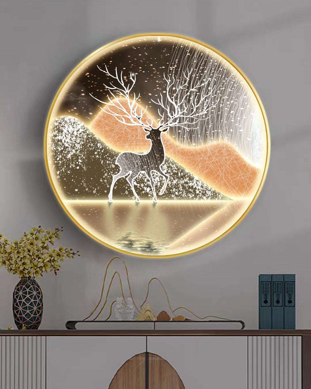 Mountain Deer Round Painting with LED - Bliss Vie