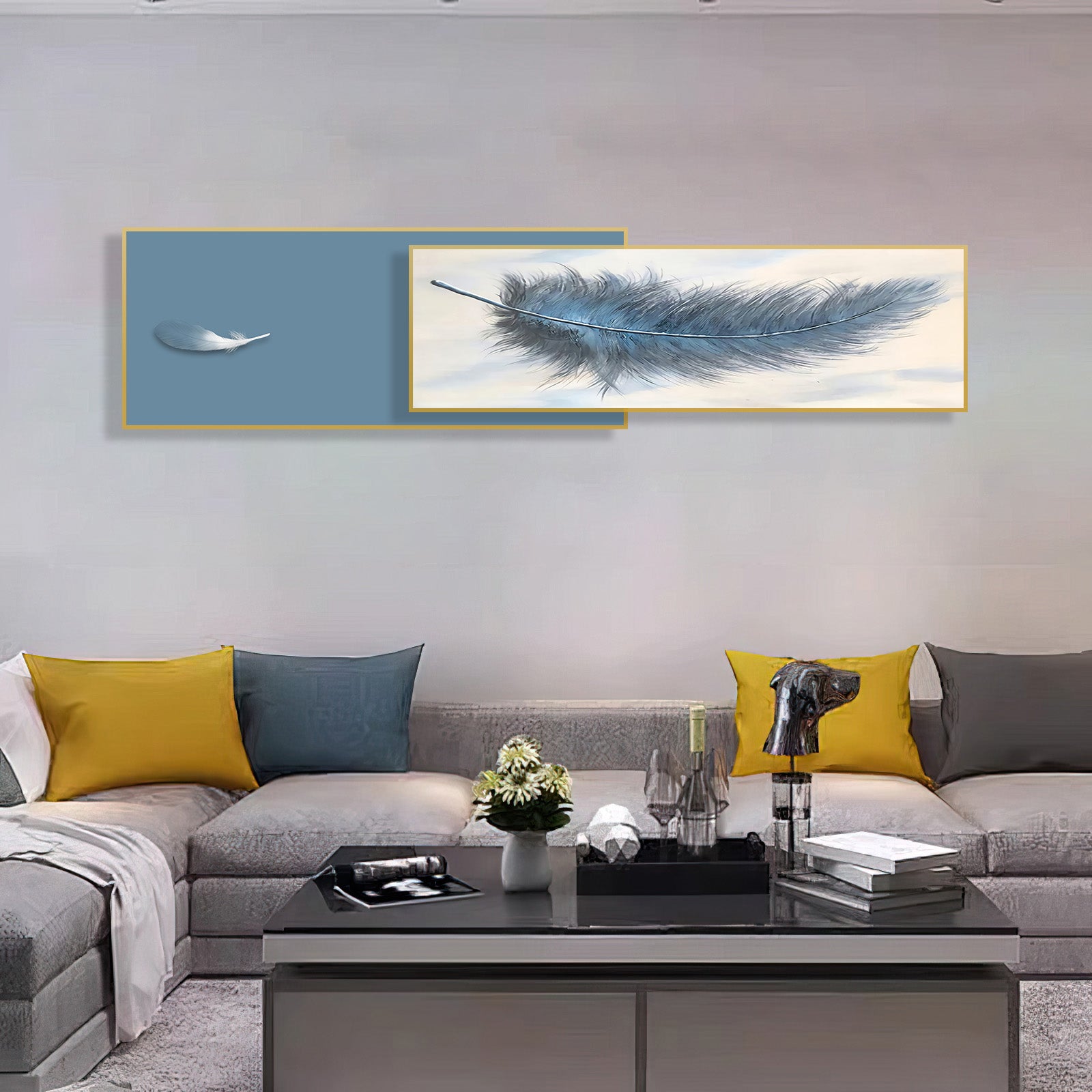 Large Landscape Feather Wall Painting (150x40 cm) - Bliss Vie