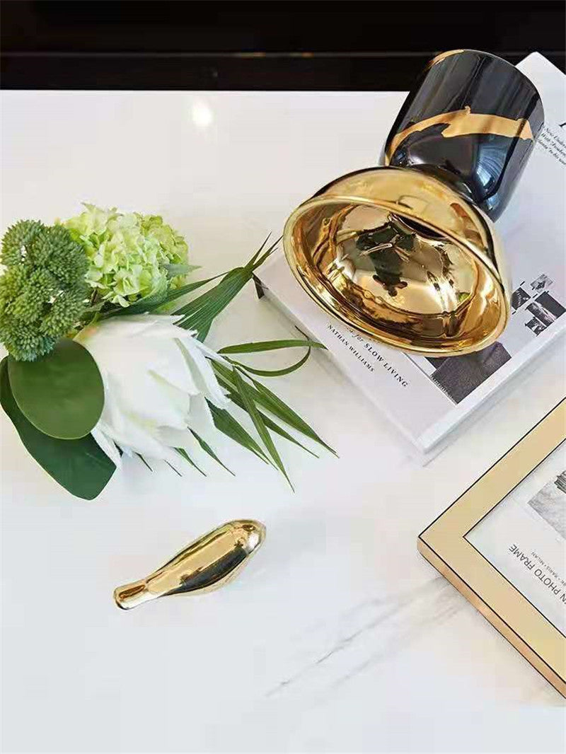 Black Gold Ceramic Vase | Sleek and Modern Home Decor cabinet Sleek Contemporary Sophisticated Unique Elegant Decorative Trendy stylish Minimalist Artistic Luxury Designer tabletop table decor accessories tableware living room decor coffee table decor