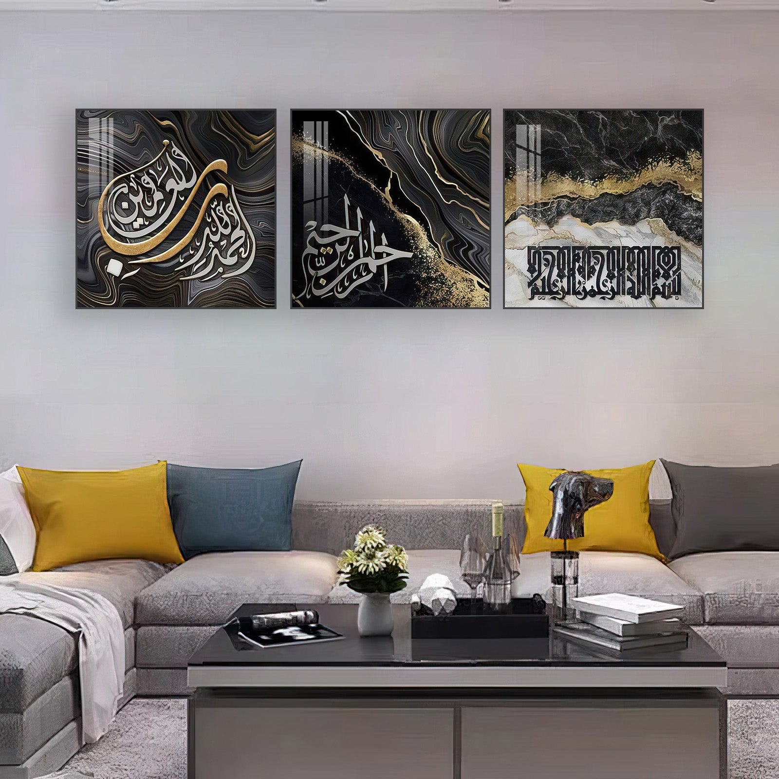Black & Gold Islamic Calligraphy Painting (40x40 cm - Set of 3) - Bliss Vie
