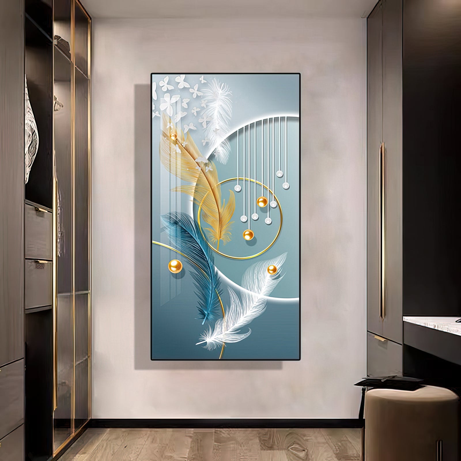 Feathers with Turquoise Background - Large 80x160 cm Abstract Painting Home Decor crystal porcelain Framed Large wall wall art wall accents