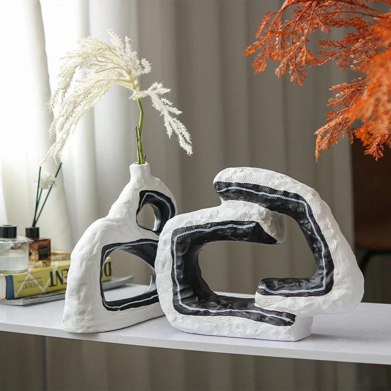 Eclectic Unique Black n White Black Vase - Artistic Vase Decor Home Decor cabinet Sleek Contemporary Sophisticated Unique Elegant Decorative Trendy stylish Minimalist Artistic Luxury Designer tabletop table decor accessories tableware living room decor coffee table decor