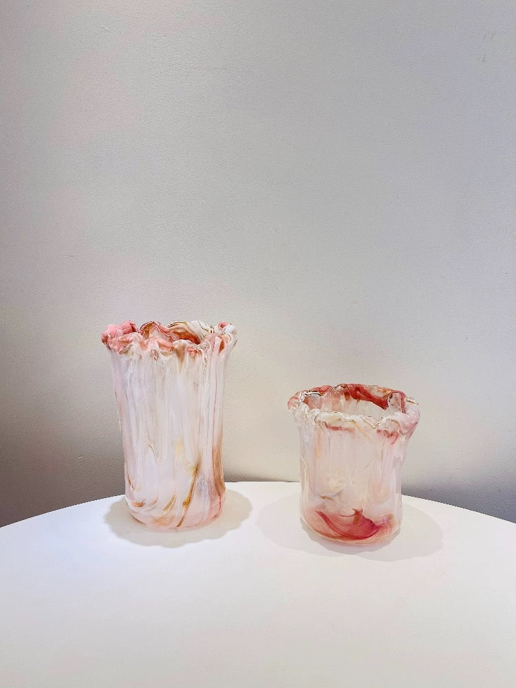 Artistic Handmade Pink Glass Vase | Elegant Home Decor Accent cabinet Sleek Contemporary Sophisticated Unique Elegant Decorative Trendy stylish Minimalist Artistic Luxury Designer tabletop table decor accessories tableware living room decor coffee table decor