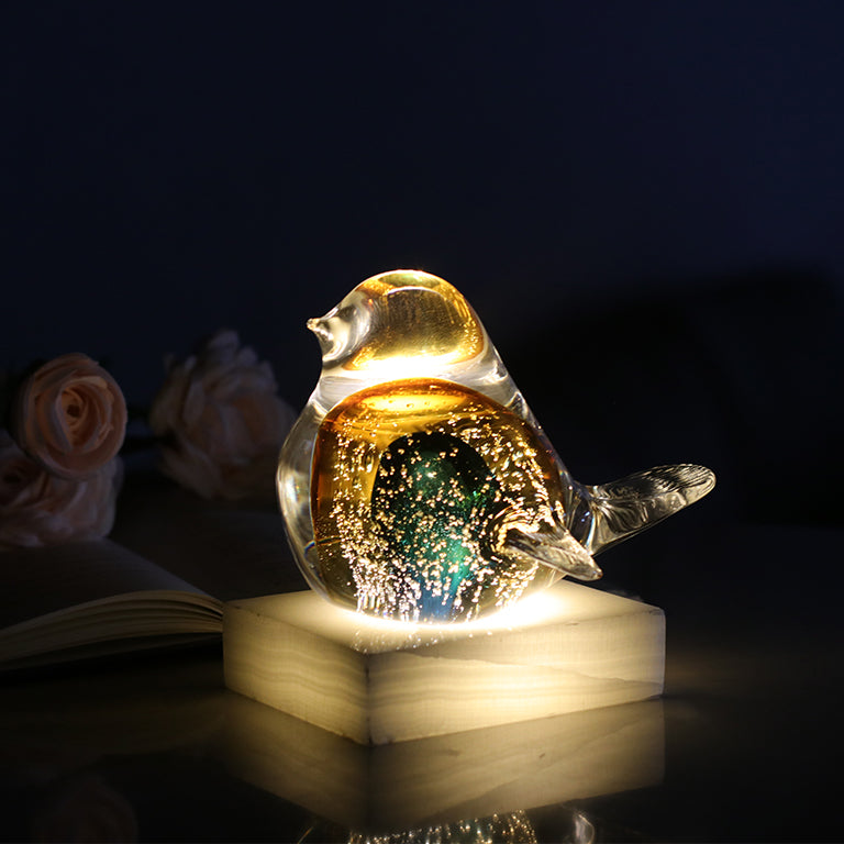 Enchanted Illumination - Glass Bird with Marble Base and LED Home Decor Crystal Sleek Contemporary Sophisticated Unique Elegant Decorative Trendy stylish Chic Minimalist Artistic Luxury Designer tabletop table decor accessories tableware