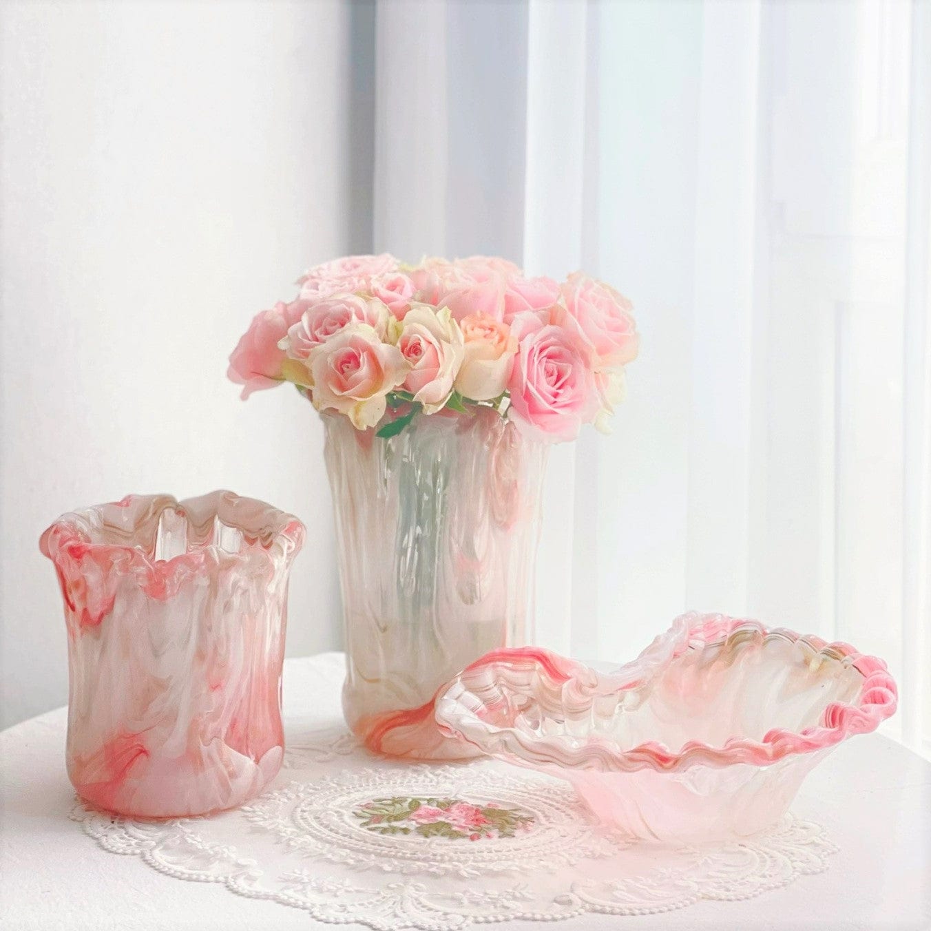 Artistic Handmade Pink Glass Vase | Elegant Home Decor Accent cabinet Sleek Contemporary Sophisticated Unique Elegant Decorative Trendy stylish Minimalist Artistic Luxury Designer tabletop table decor accessories tableware living room decor coffee table decor