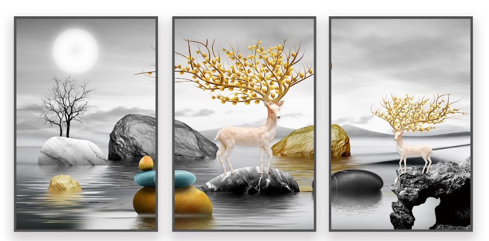 Dark Gold Deer Painting (40x60 cm - Set of 3) - Bliss Vie