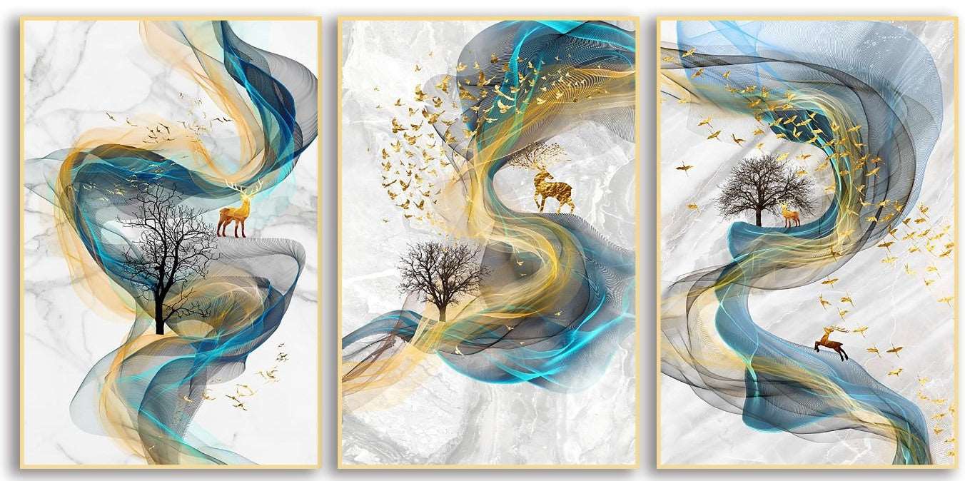 Wavy with Deers Set of 3 abstract painting - Bliss Vie