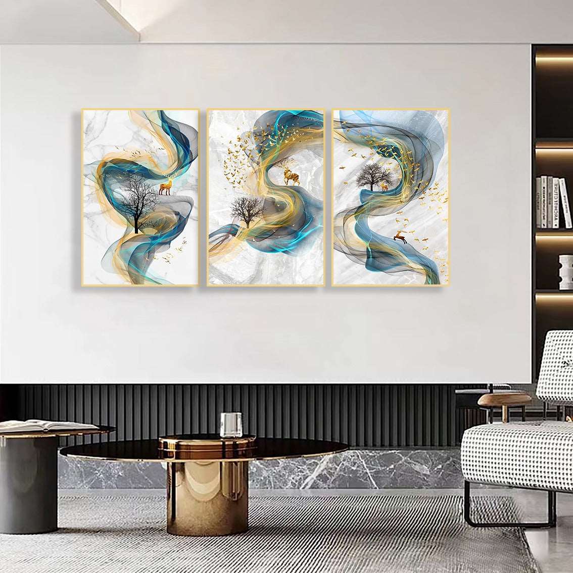 Wavy with Deers Set of 3 abstract painting - Bliss Vie
