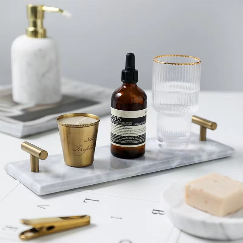 Small Marble Tray with Gold Handles | Home Decor Crystal Sleek Contemporary Sophisticated Unique Elegant Decorative Trendy stylish Chic Minimalist Artistic Luxury Designer tabletop table decor accessories tableware