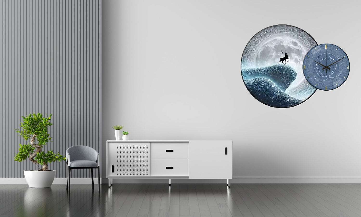 Wall Clock with Painting Moon Round - Bliss Vie