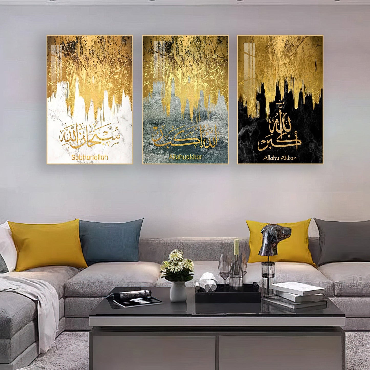 لوحة حائط بالخط الذهبي والأزرق "الله محمد" (40x60 سم - مجموعة من 3 قطع)