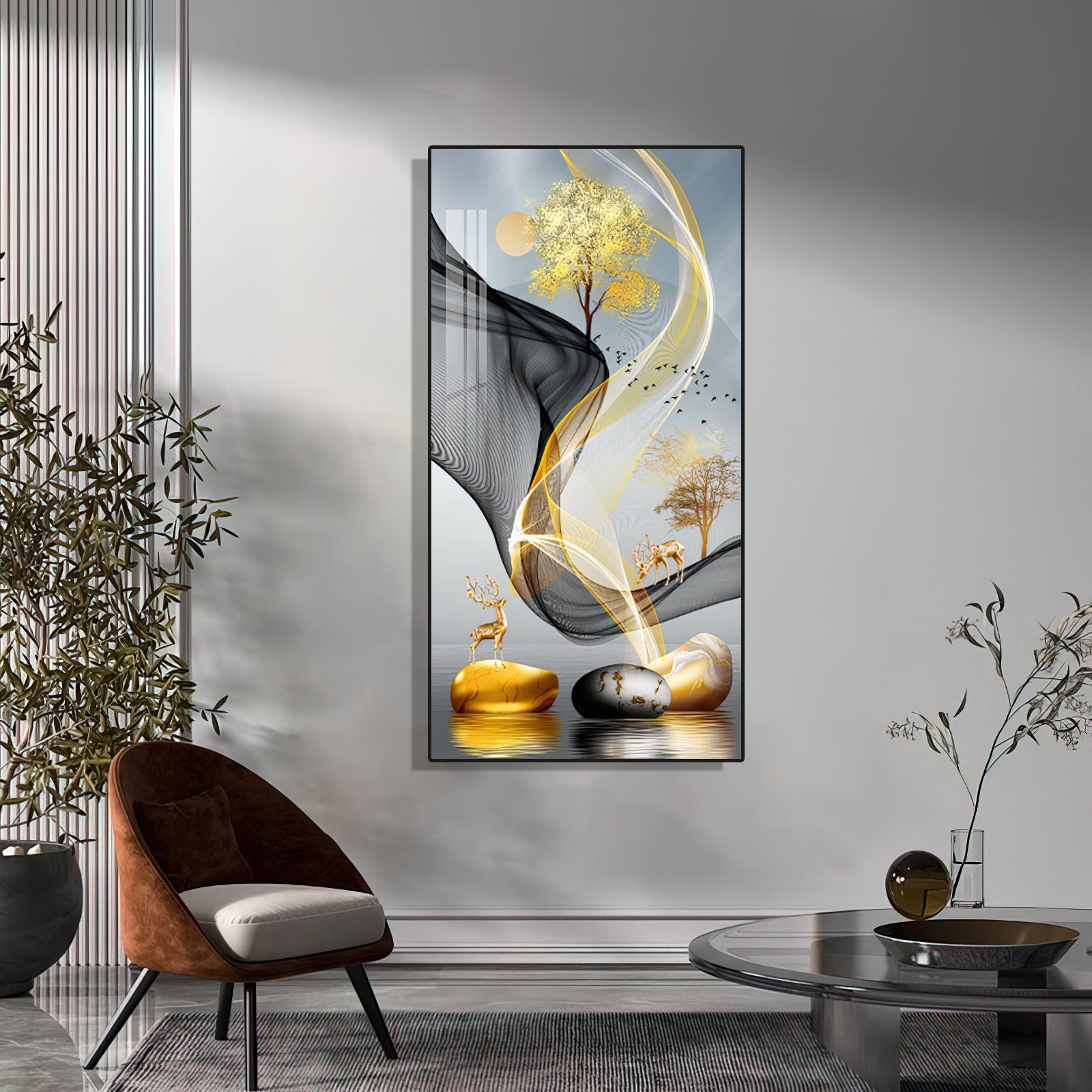 Trendy Wavy Golden Abstract Wall Painting - 50x100 cm Home Decor crystal porcelain Framed Large wall wall art wall accents