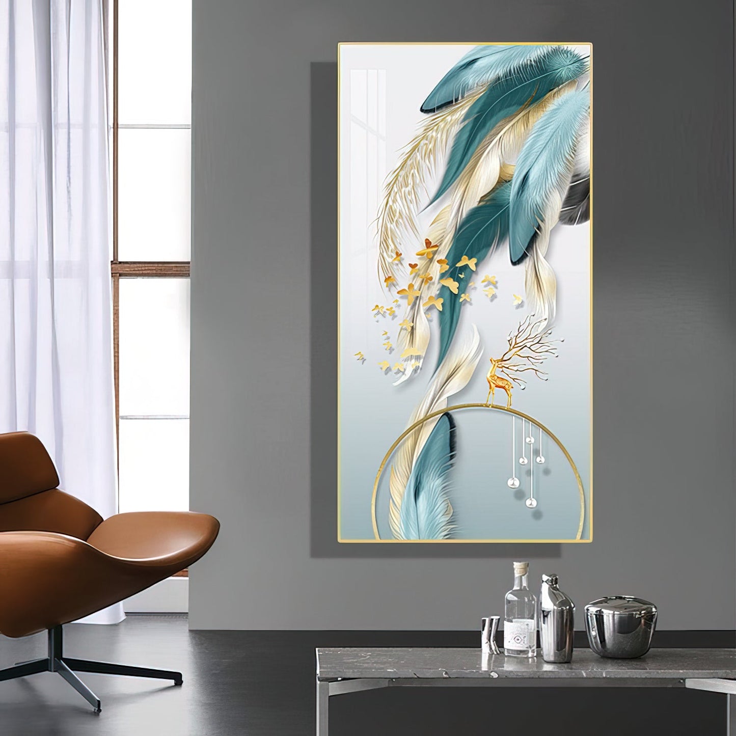 Turquoise Golden Feathers Abstract Wall Painting - 70x140 cm Artwork Home Decor crystal porcelain Framed Large wall wall art wall accents