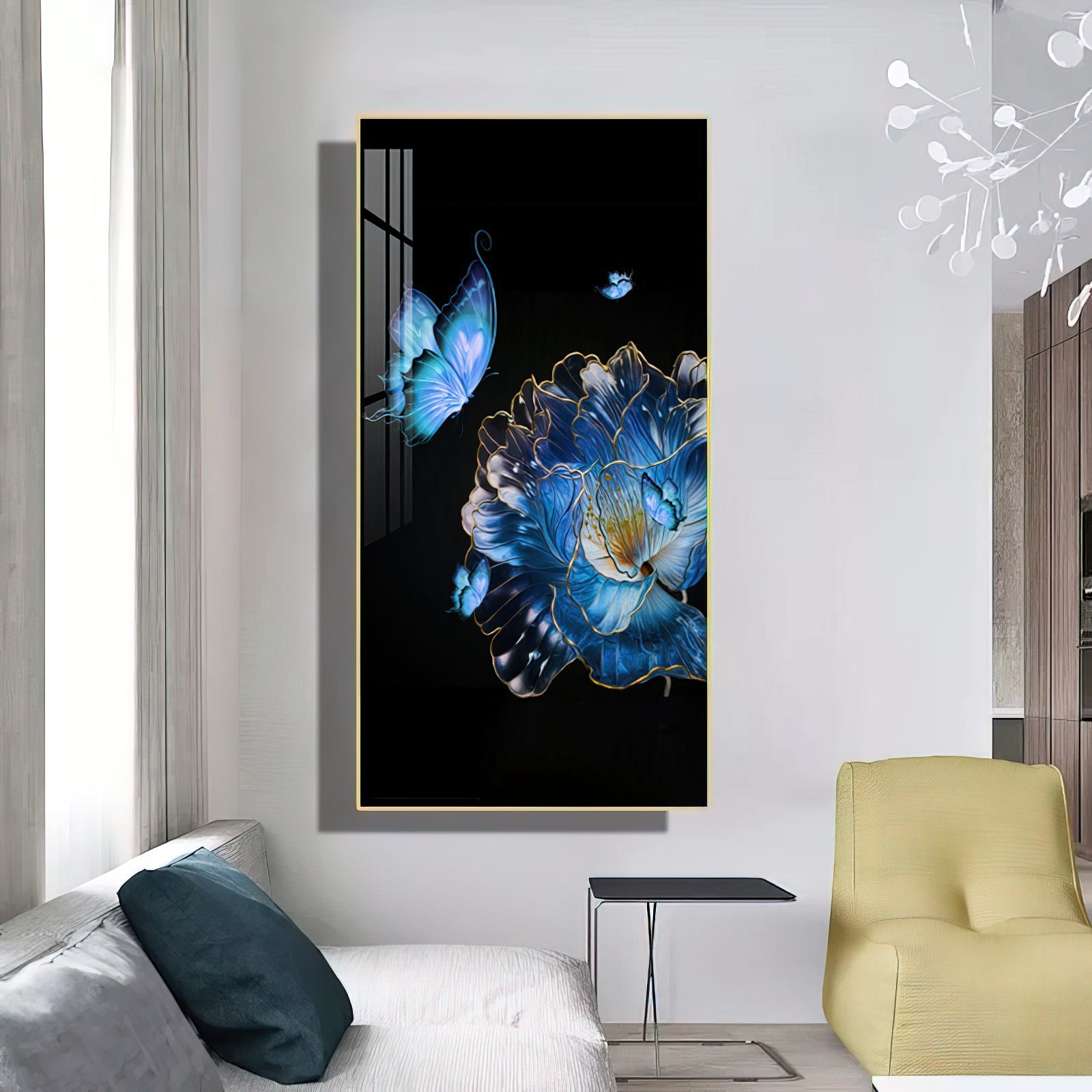 Bluish Dark Theme Abstract Wall Painting - 50x100 cm Art Piece Home Decor crystal porcelain Framed Large wall wall art wall accents