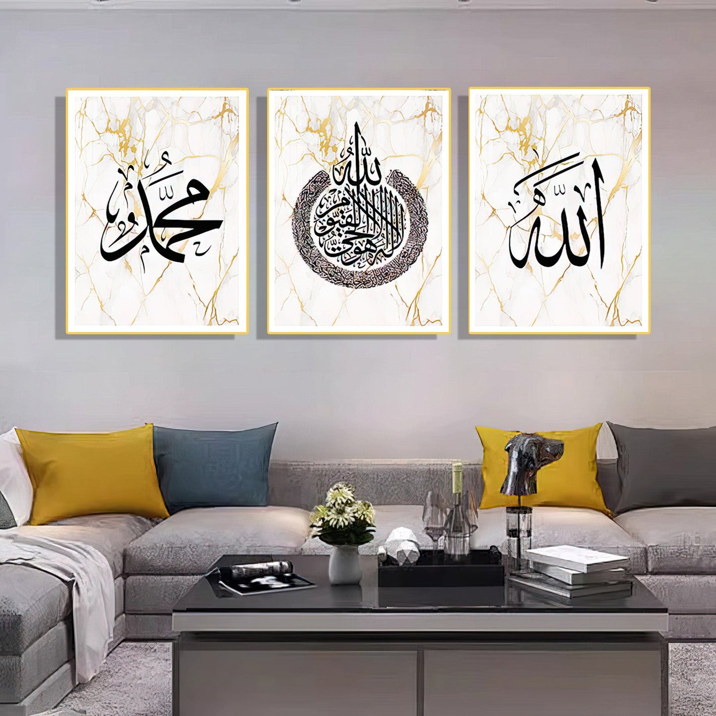 Sacred Islamic Wall Art - Set of 3 Allah Muhammad Paintings (60x90 cm) Home Decor Muslim Allah Bismillah Ayat Quran  crystal porcelain Framed calligraphy verses