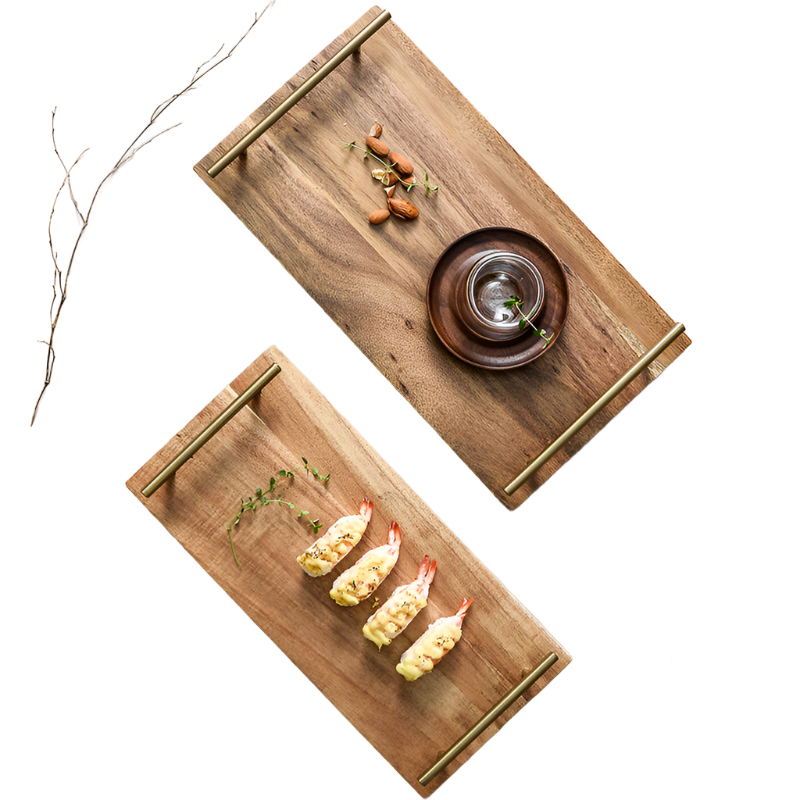 Wooden tray with metal handles