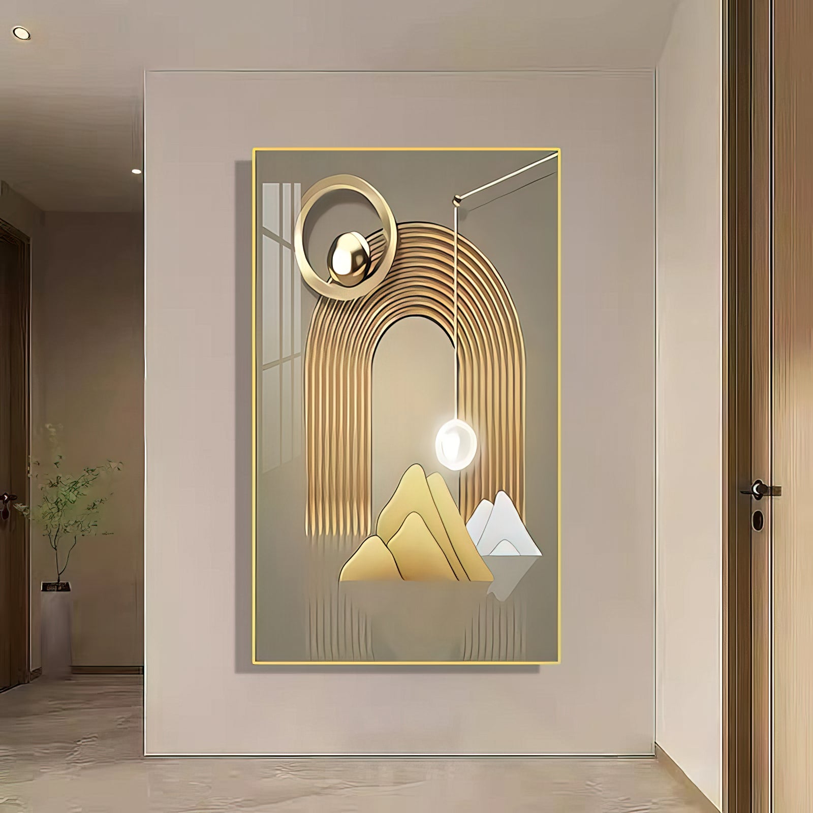Golden Round Abstract Wall Painting - 50x100 cm Art Piece Home Decor crystal porcelain Framed Large wall wall art wall accents