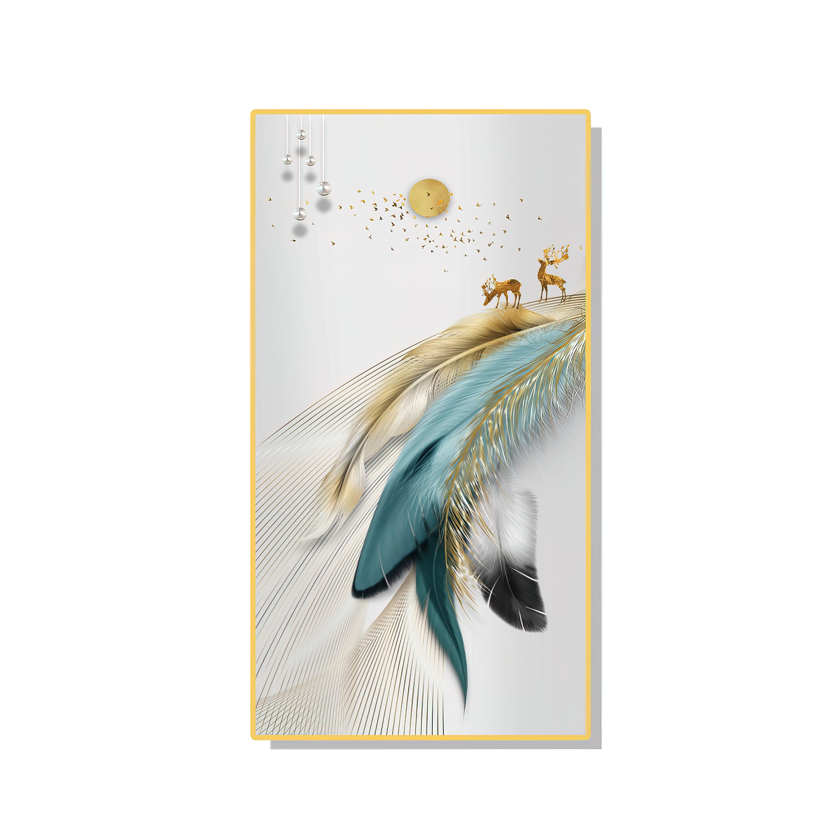 Turquoise Golden Feathers Abstract Wall Painting - 70x140 cm Artwork Home Decor crystal porcelain Framed Large wall wall art wall accents