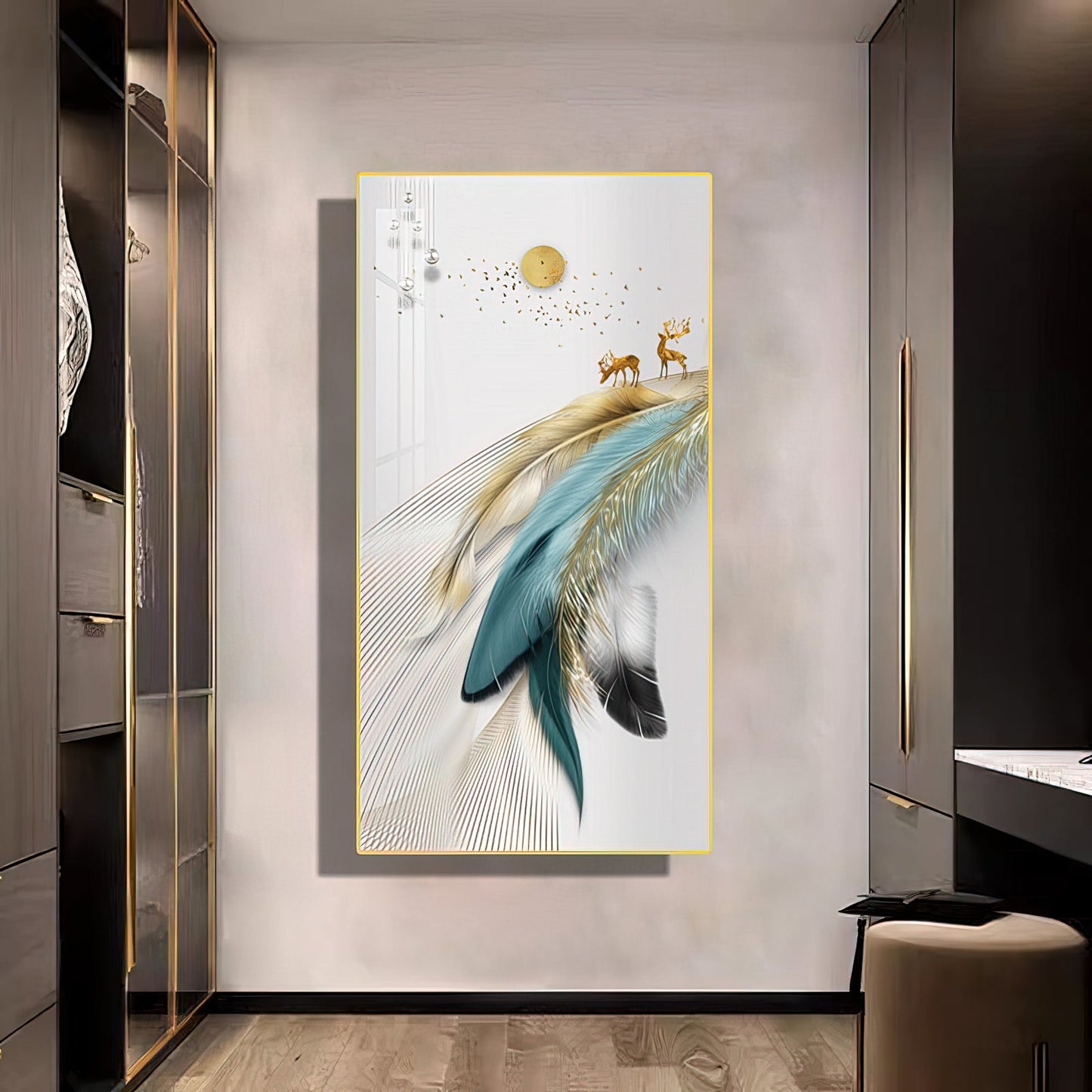 Turquoise Golden Feathers Abstract Wall Painting - 70x140 cm Artwork Home Decor crystal porcelain Framed Large wall wall art wall accents