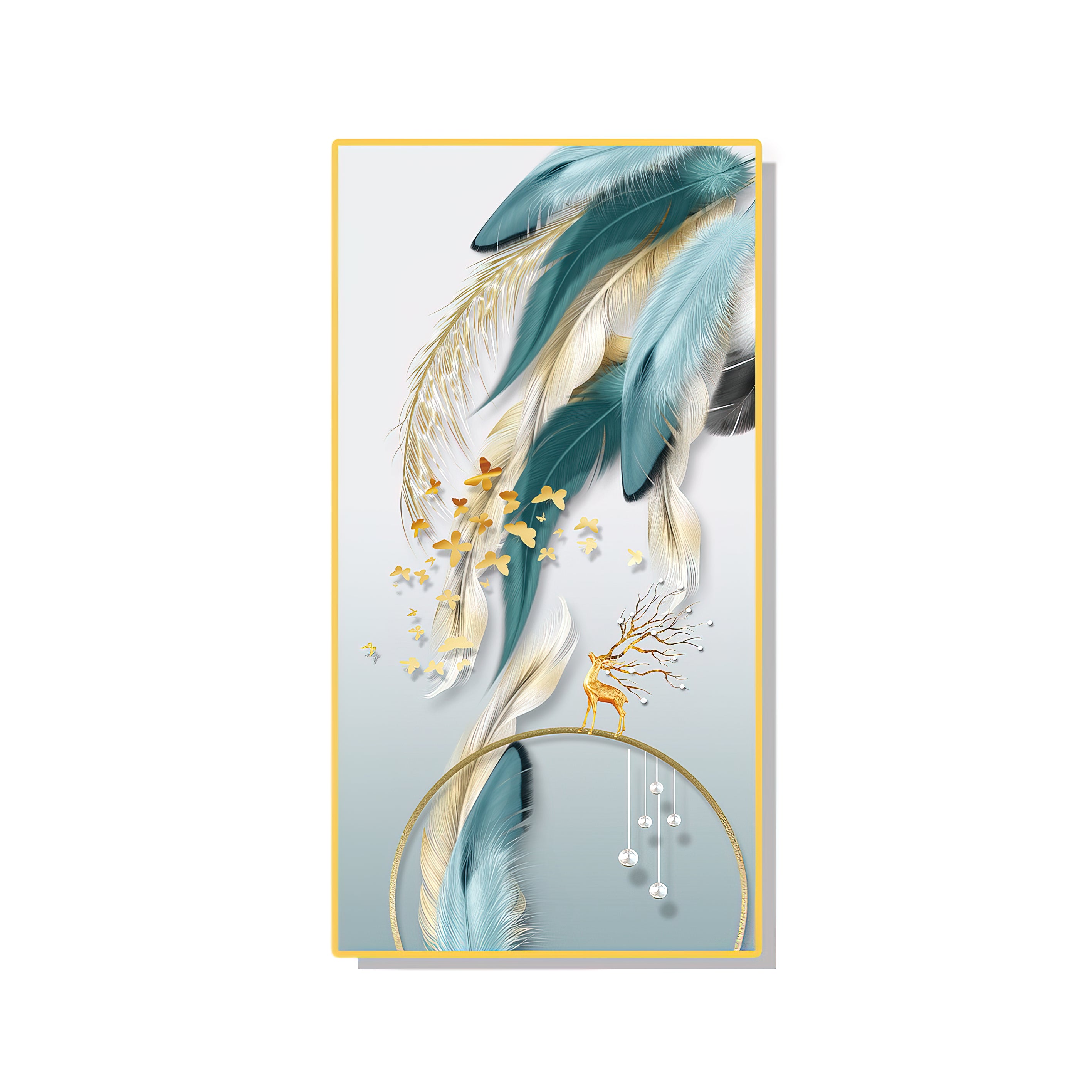Turquoise Golden Feathers Abstract Wall Painting - 70x140 cm Artwork Home Decor crystal porcelain Framed Large wall wall art wall accents