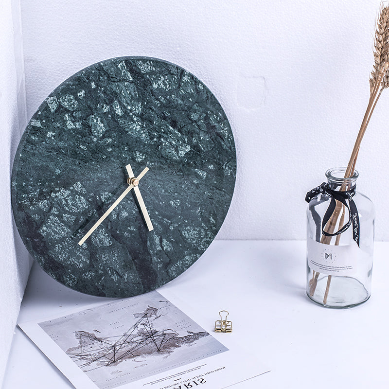 Elegant Round Green Marble Clock | Home Decor Unique Luxury Minimalist desk tabletop table stylish artistic Contemporary Nordic Timepiece Timekeeping Scandinavian trendy modern compact