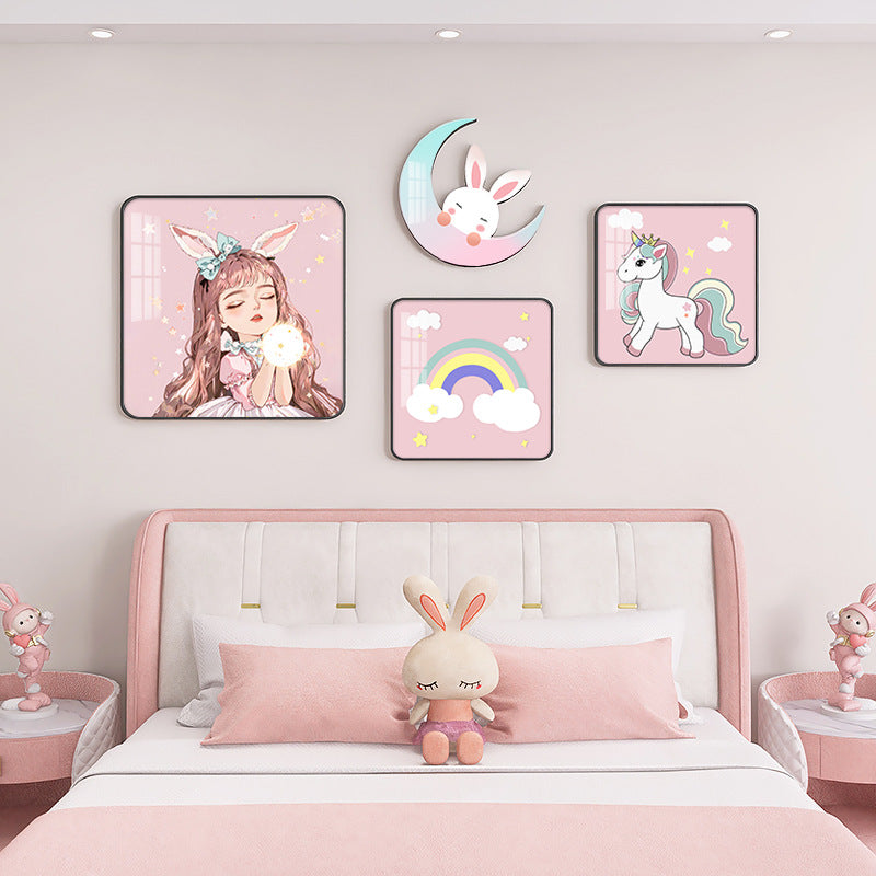 Create a Magical Space with Girls' Princess Cartoon Bedroom Decor - Pink Wall Painting Set with Moon Mural - home decor - crystal porcelain Frame