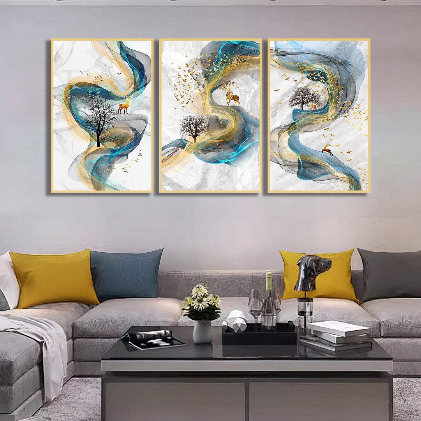 Wavy with Deers Set of 3 abstract painting