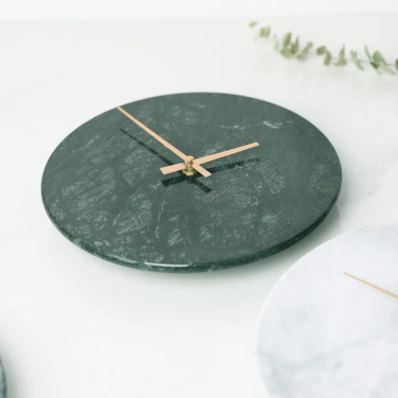 Elegant Round Green Marble Clock | Home Decor Unique Luxury Minimalist desk tabletop table stylish artistic Contemporary Nordic Timepiece Timekeeping Scandinavian trendy modern compact